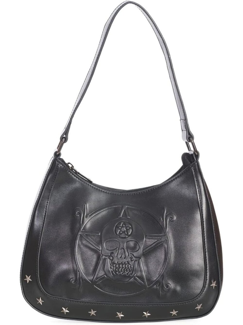 Gothic Black Pentagram Shoulder Bag with Embossed Skull Design - Stylish Purse